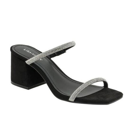 NEW Lisa Vicky Mood Pavé Block Heel Slide Sandals Crystal Strap Black Womens 8.5 - Picture 1 of 11
